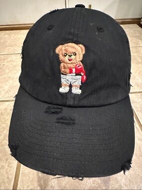 Kbethos distressed Embroidered Teddy Bear black baseball cap